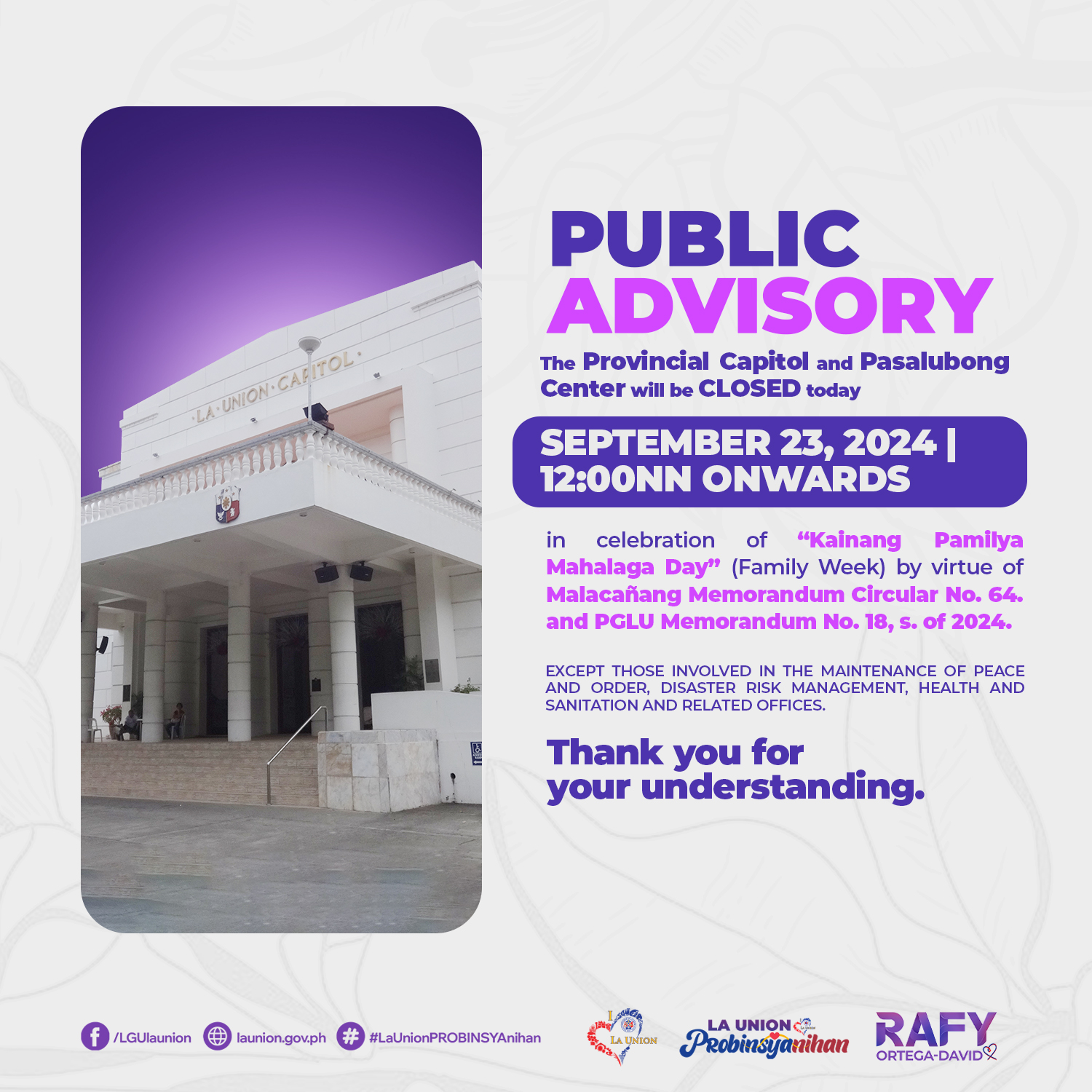 PUBLIC ADVISORY: Suspension of Work and Operation in PGLU and La Union ...